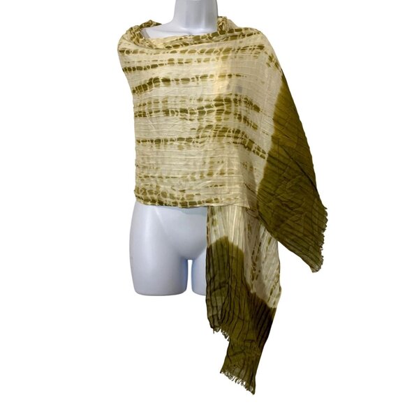Handmade Tie-Dye Olive/Cream Pleated 100% Viscose Wrap/Scarf w/ Fringe In India - Picture 2 of 5